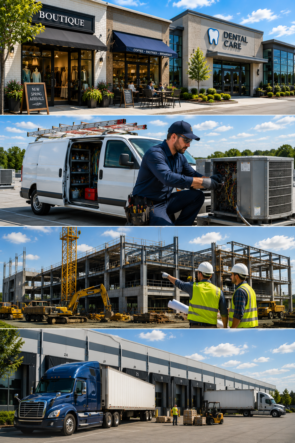 Businesses we protect: boutique and dental practice, HVAC service technician, commercial construction site, and trucking and logistics dock